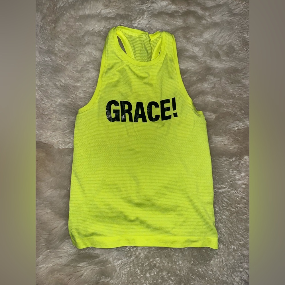 Lululemon Swiftly Neon Yellow waist length Tank Top with 'GRACE!' Print xs